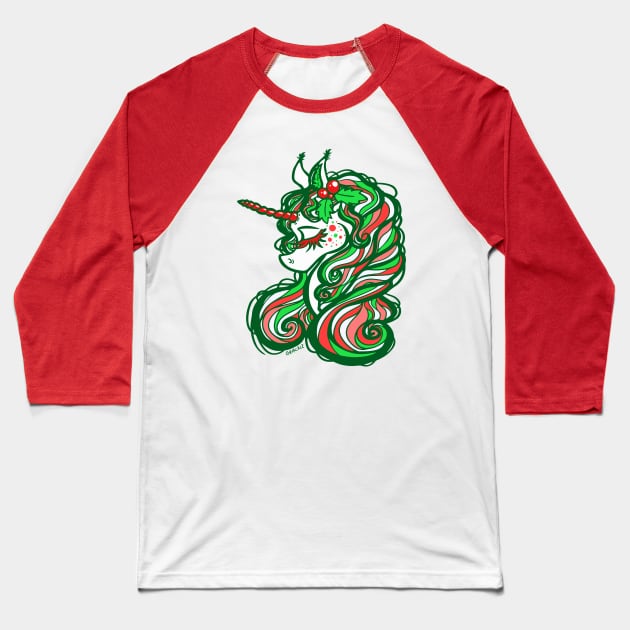 Holly Jolly Unicorn Baseball T-Shirt by Jan Grackle